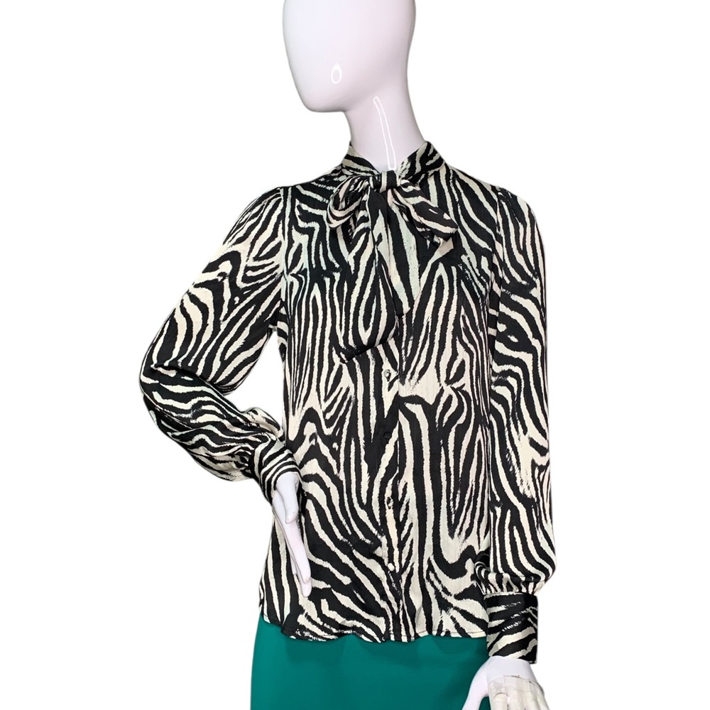 HAVER London Tie Neck Top Long Lantern Sleeve Button Down Zebra Print Size S